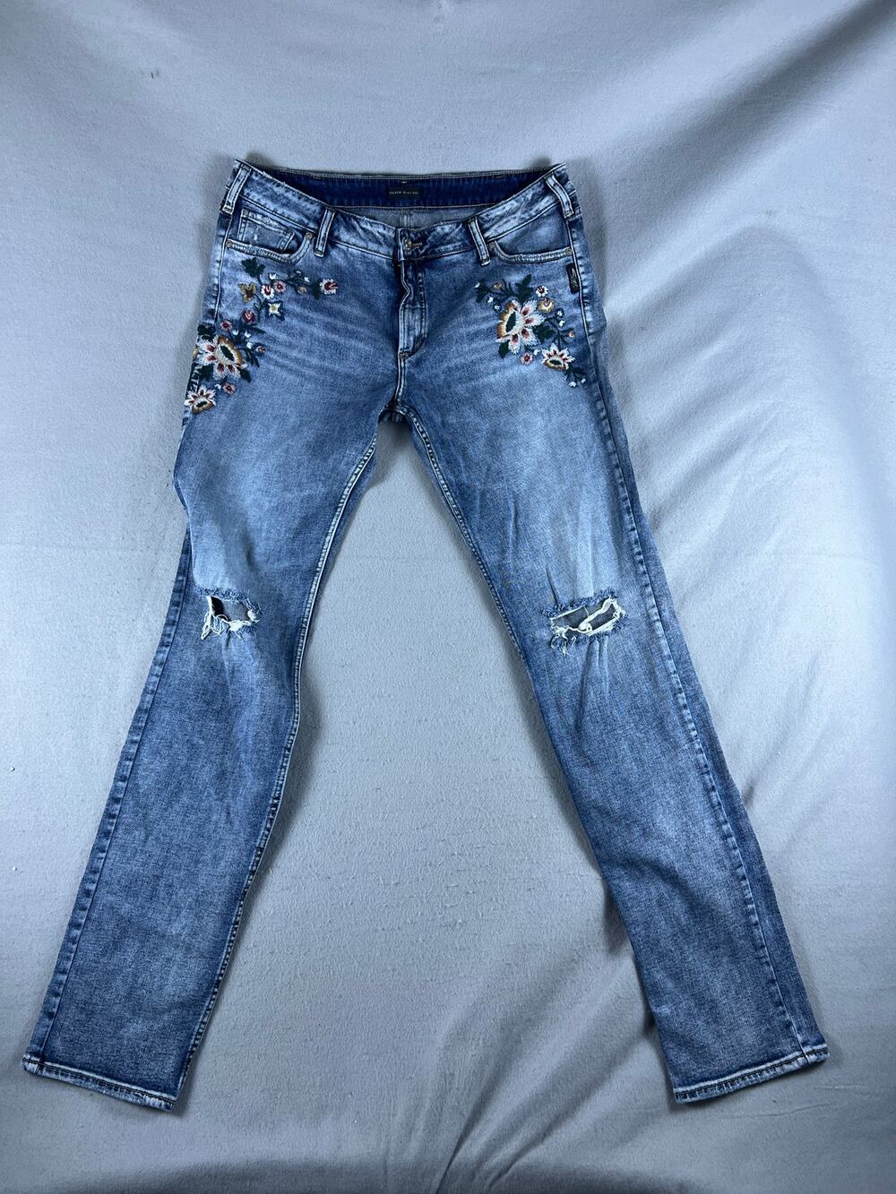 Silver Jeans Womens 38x33 Blue Skinny Low Rise Floral Embroidered Acid Wash Y2K